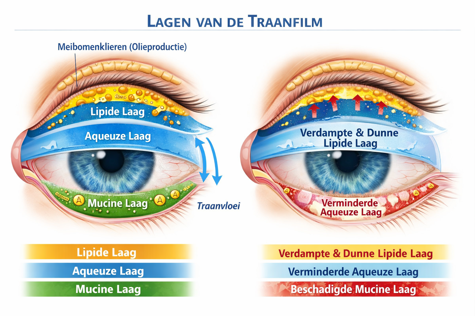 Detailed medical illustration showing cross-section of human eye anatomy with labeled tear film layers (lipid layer, aqueous layer, mucin la