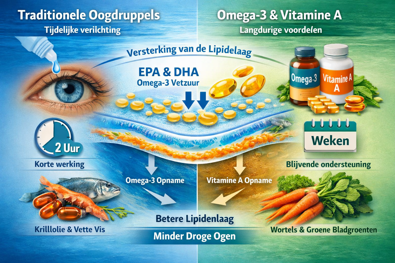 Split-screen comparison infographic showing two scenarios: left side displays traditional eye drops with temporary relief (clock showing 2 h