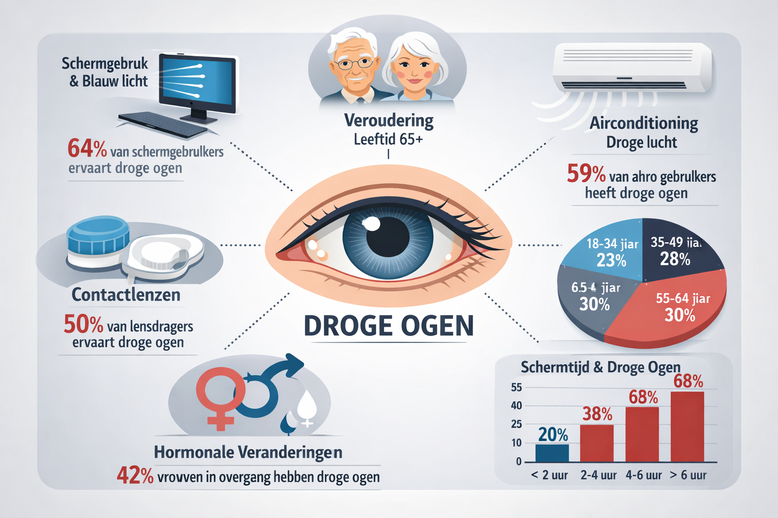 Lifestyle and environmental factors infographic in landscape format showing common causes of dry eyes: computer screen with blue light radia