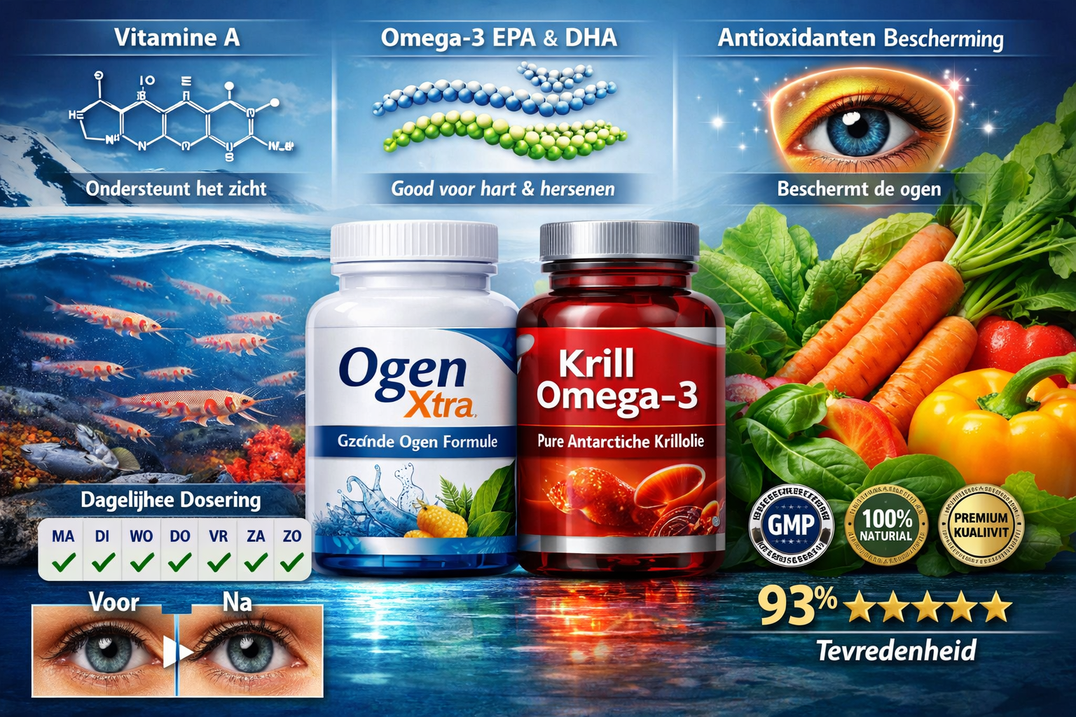 Product showcase layout featuring Ogen Xtra and Krill Omega-3 supplement bottles prominently displayed with ingredient breakdown infographic