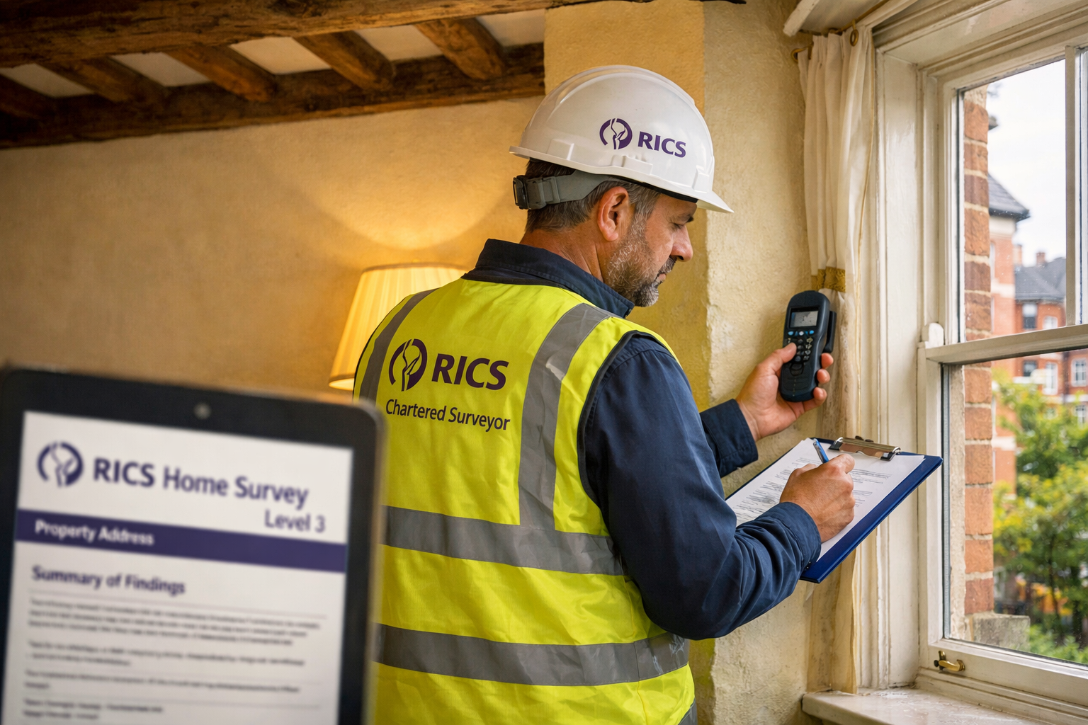 Detailed () image showing a RICS-branded chartered surveyor in a high-visibility vest and hard hat conducting a Level 3