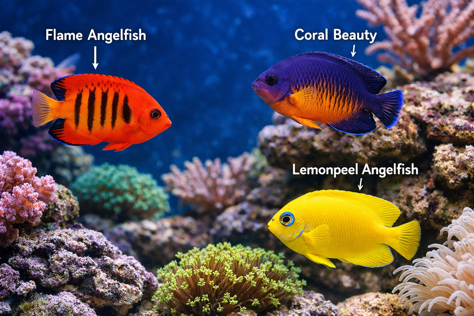 Detailed landscape format (1536x1024) image showing beginner-friendly marine angelfish species in a pristine saltwater aquarium setup. Featu