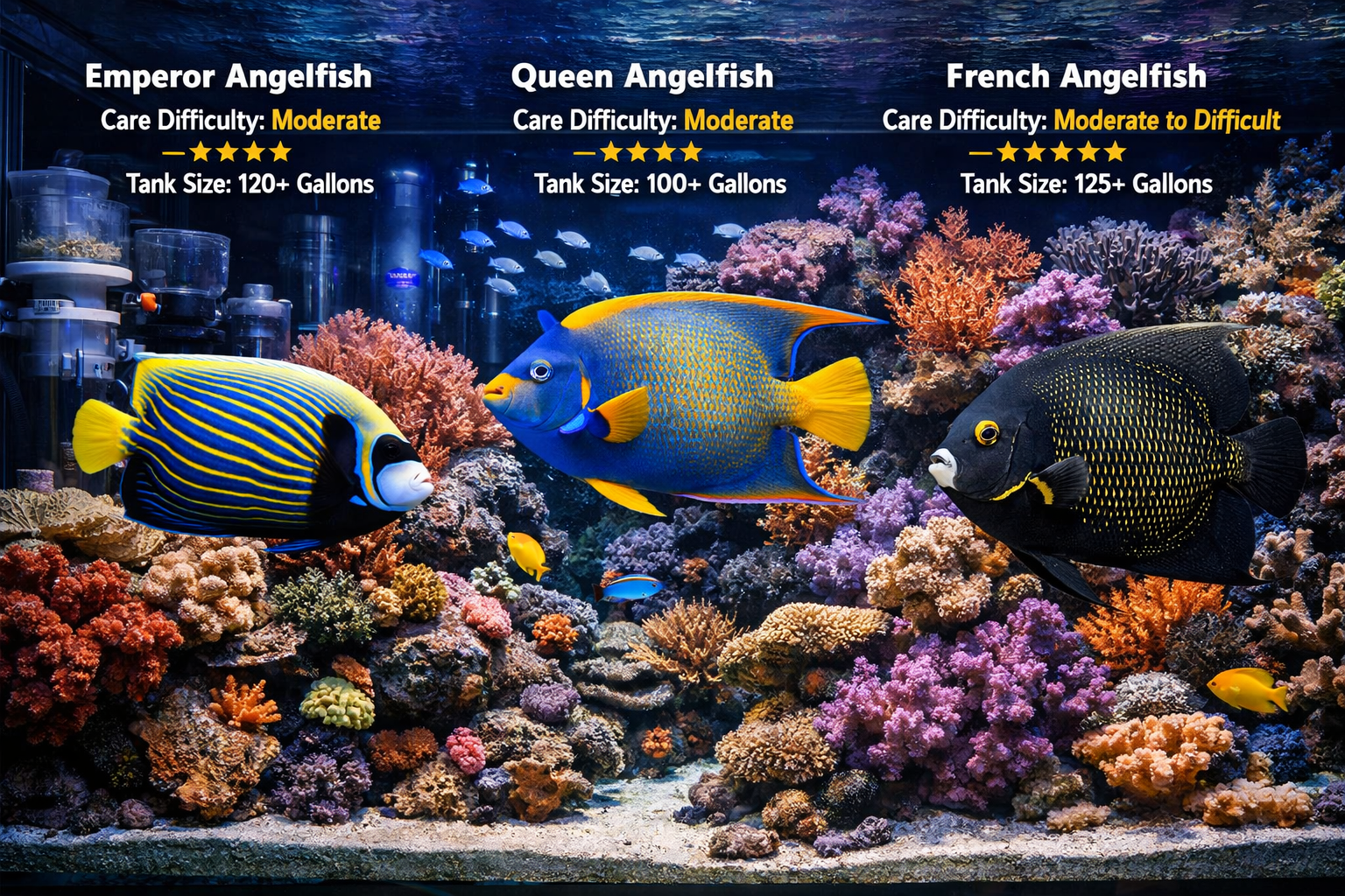 Advanced landscape format (1536x1024) aquarium scene displaying premium angelfish species including Emperor Angelfish, Queen Angelfish, and 