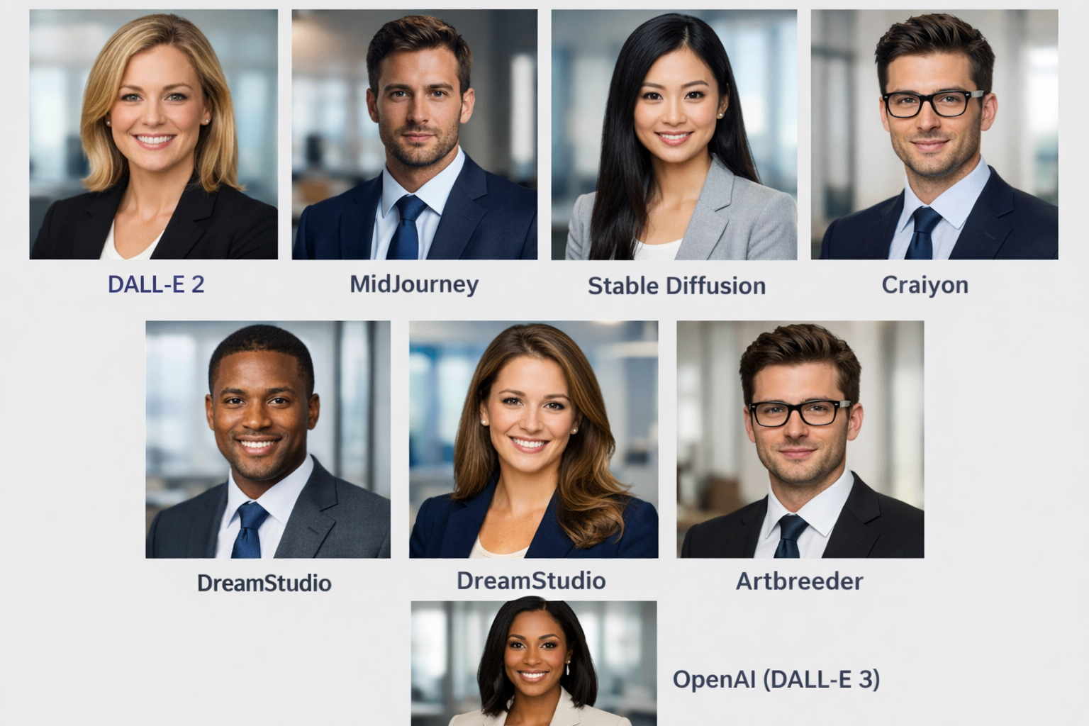side-by-side comparison grid showing 7 different AI-generated professional headshots in various corporate styles, each labeled with platform