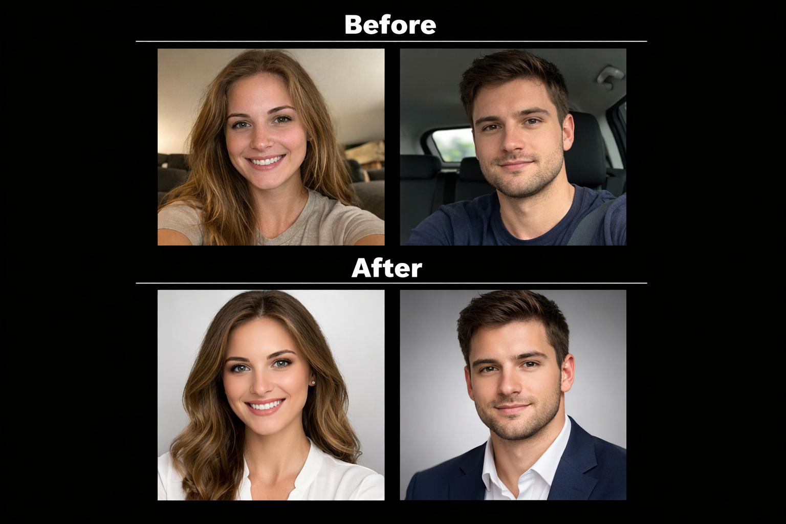 before-and-after visual guide showing casual smartphone selfies transforming into polished professional headshots, highlighting AI enhanceme