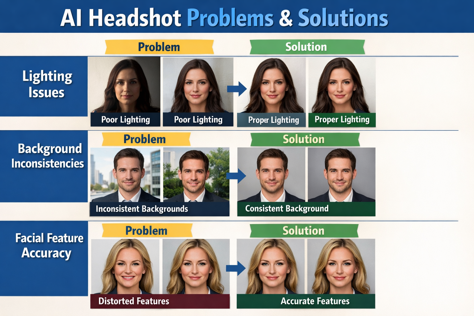 visual FAQ illustration showing common AI headshot problems and solutions: lighting issues, background inconsistencies, facial feature accur