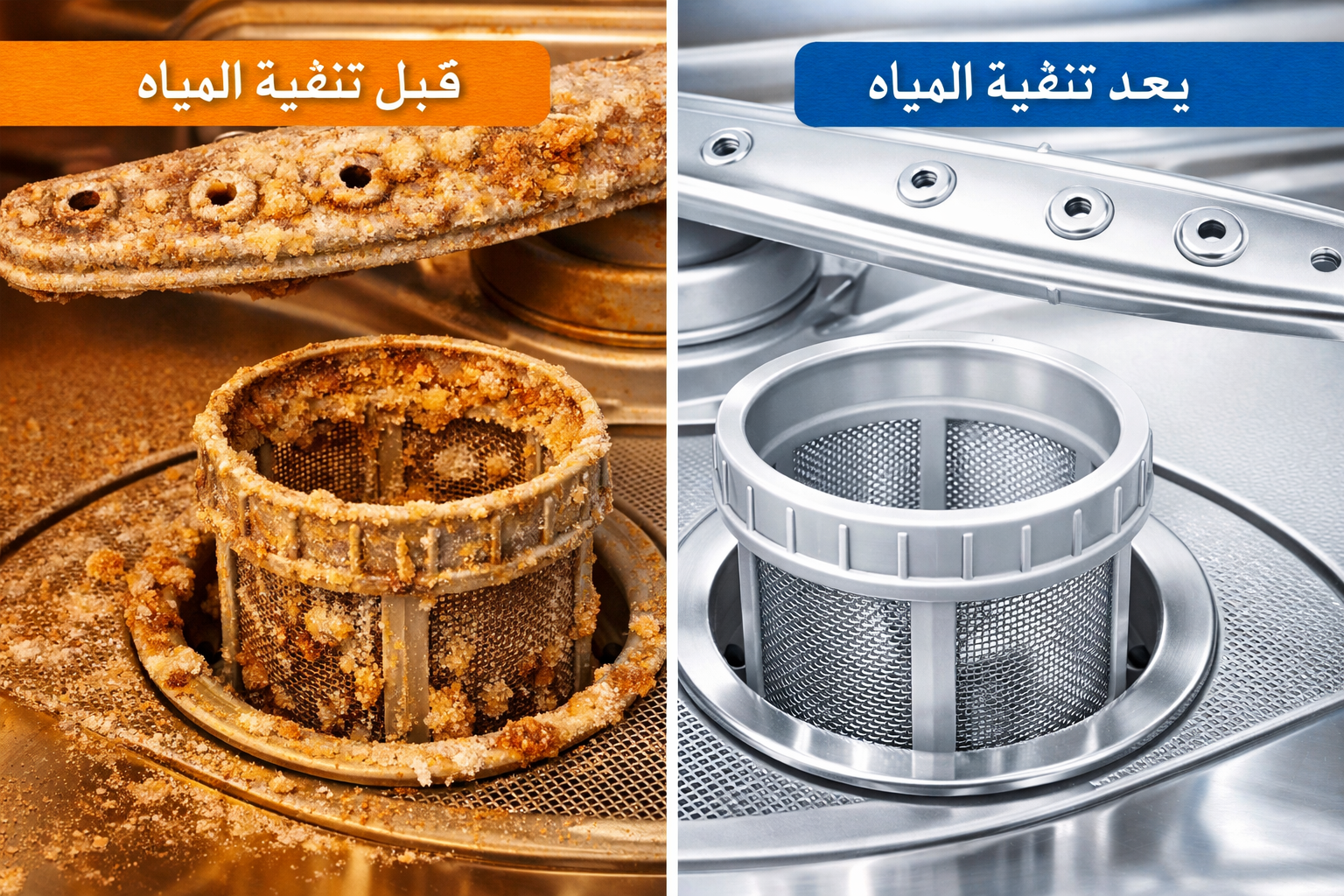 Detailed () showing a close-up split-scene: left side shows hard water scale deposits on dishwasher spray arms and filter