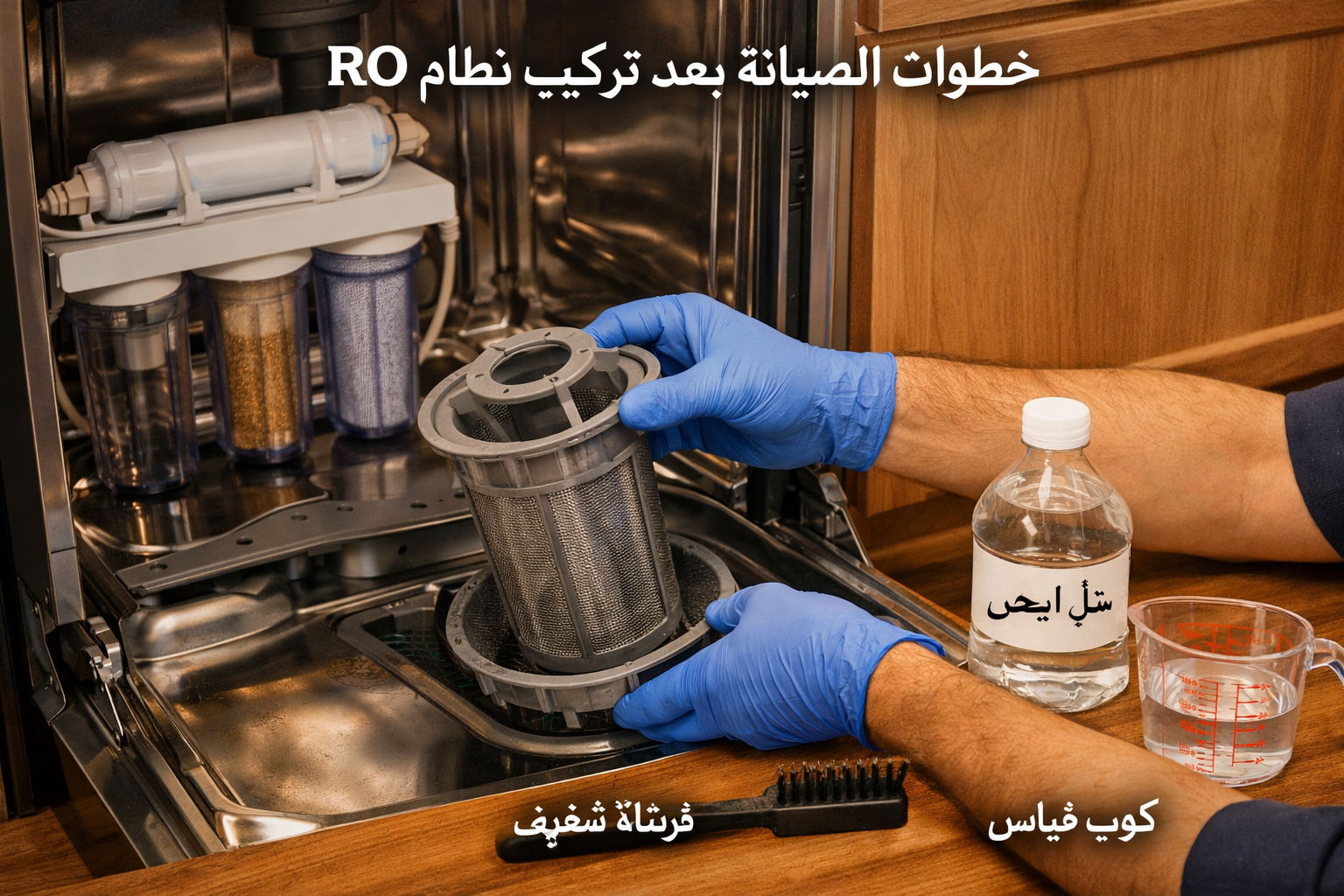 Detailed () showing a technician's hands in blue gloves performing dishwasher maintenance: removing the bottom filter basket