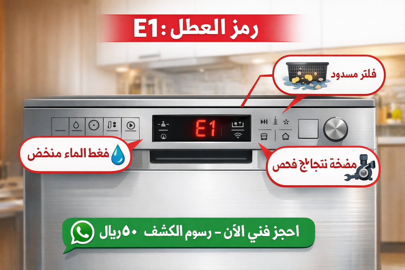 Detailed () showing a diagnostic checklist infographic style image: a dishwasher control panel displaying an error code (E1