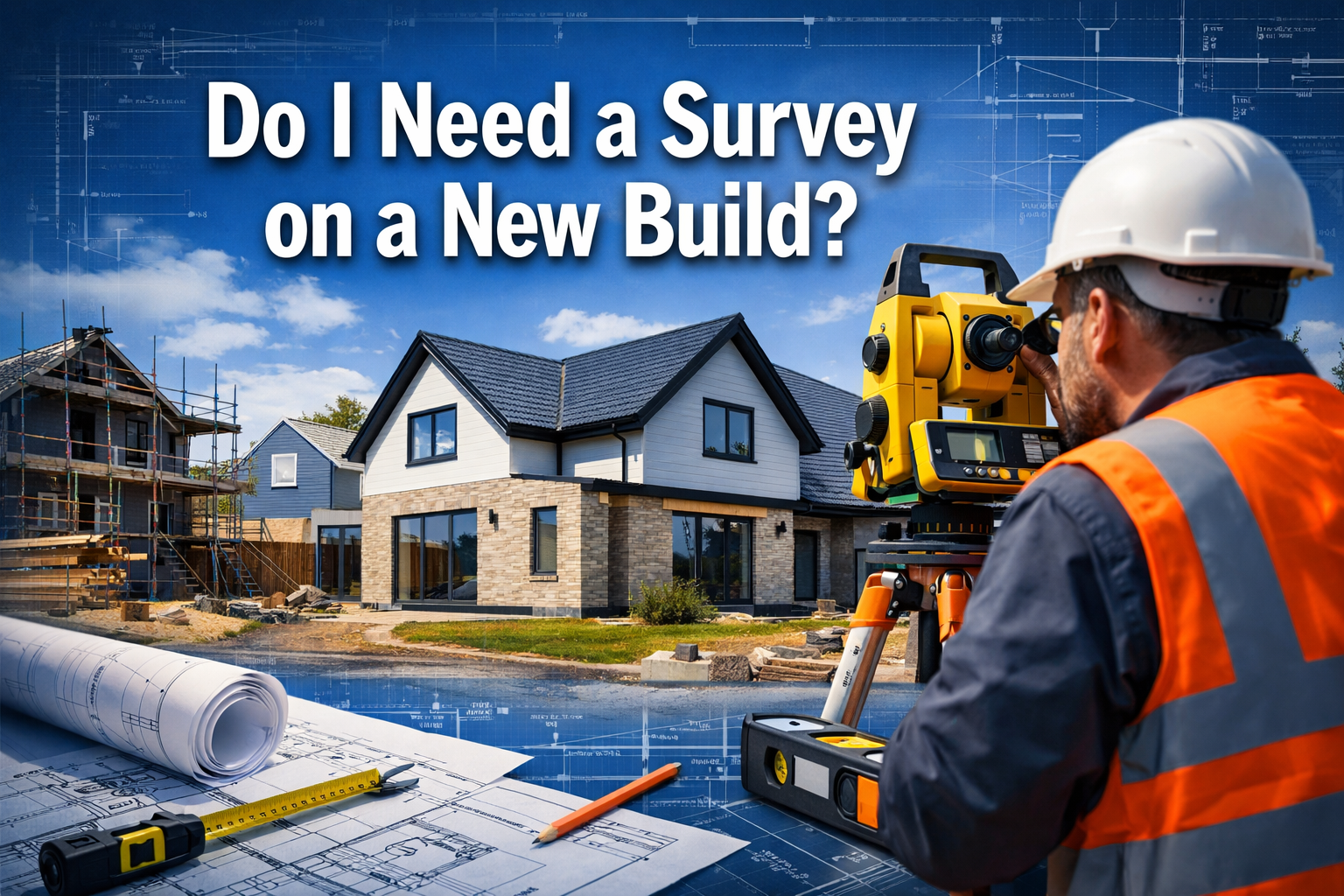 Professional landscape format (1536x1024) hero image featuring bold text overlay 'Do I Need a Survey on a New Build?' in extra large 72pt wh