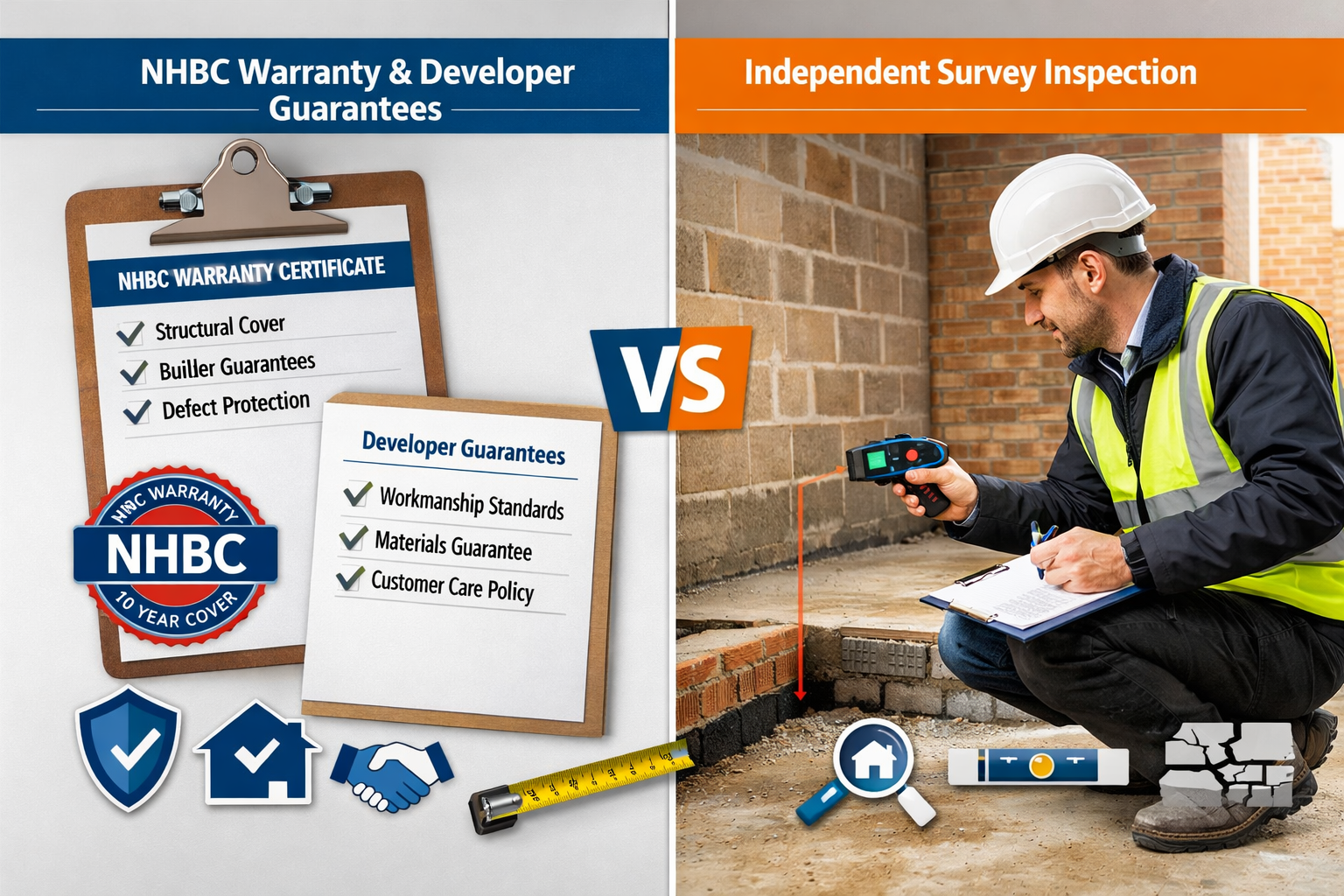 Landscape format (1536x1024) editorial image showing split-screen comparison of new build property inspection process. Left side displays NH