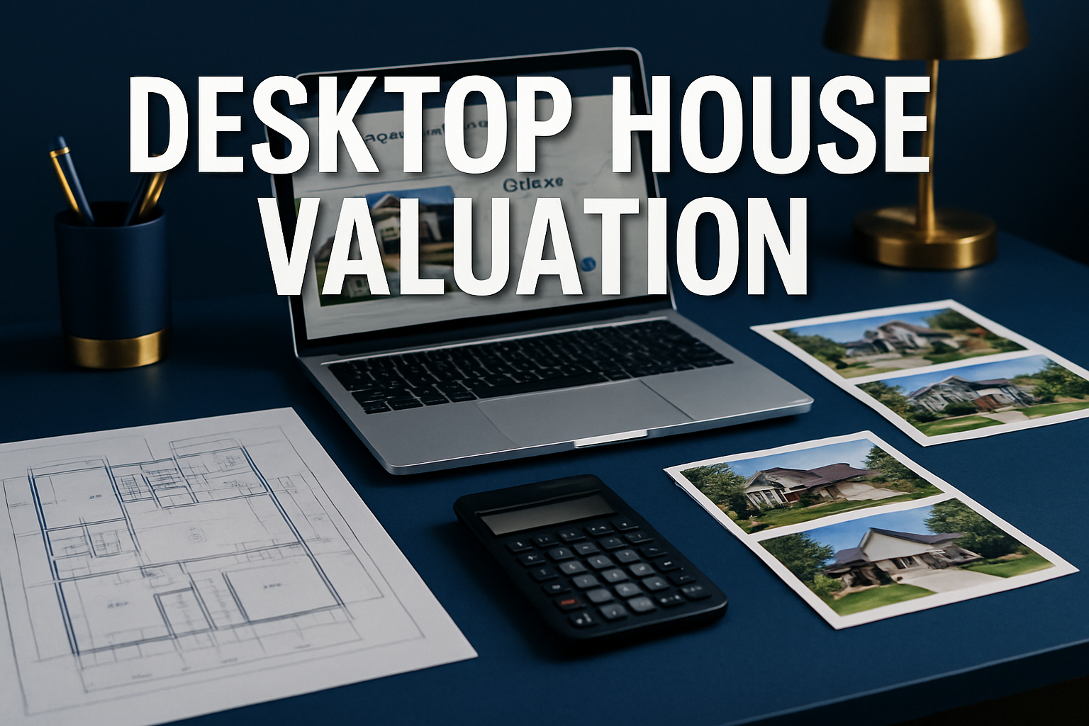 Professional landscape hero image (1536x1024) featuring bold text overlay 'Desktop House Valuation' in extra large 72pt white sans-serif fon