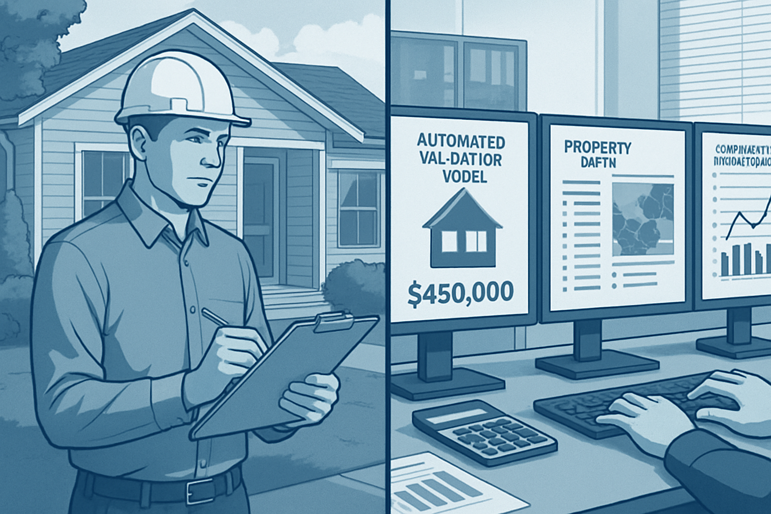 Detailed landscape image (1536x1024) showing split-screen comparison of traditional property surveyor with clipboard at house exterior versu