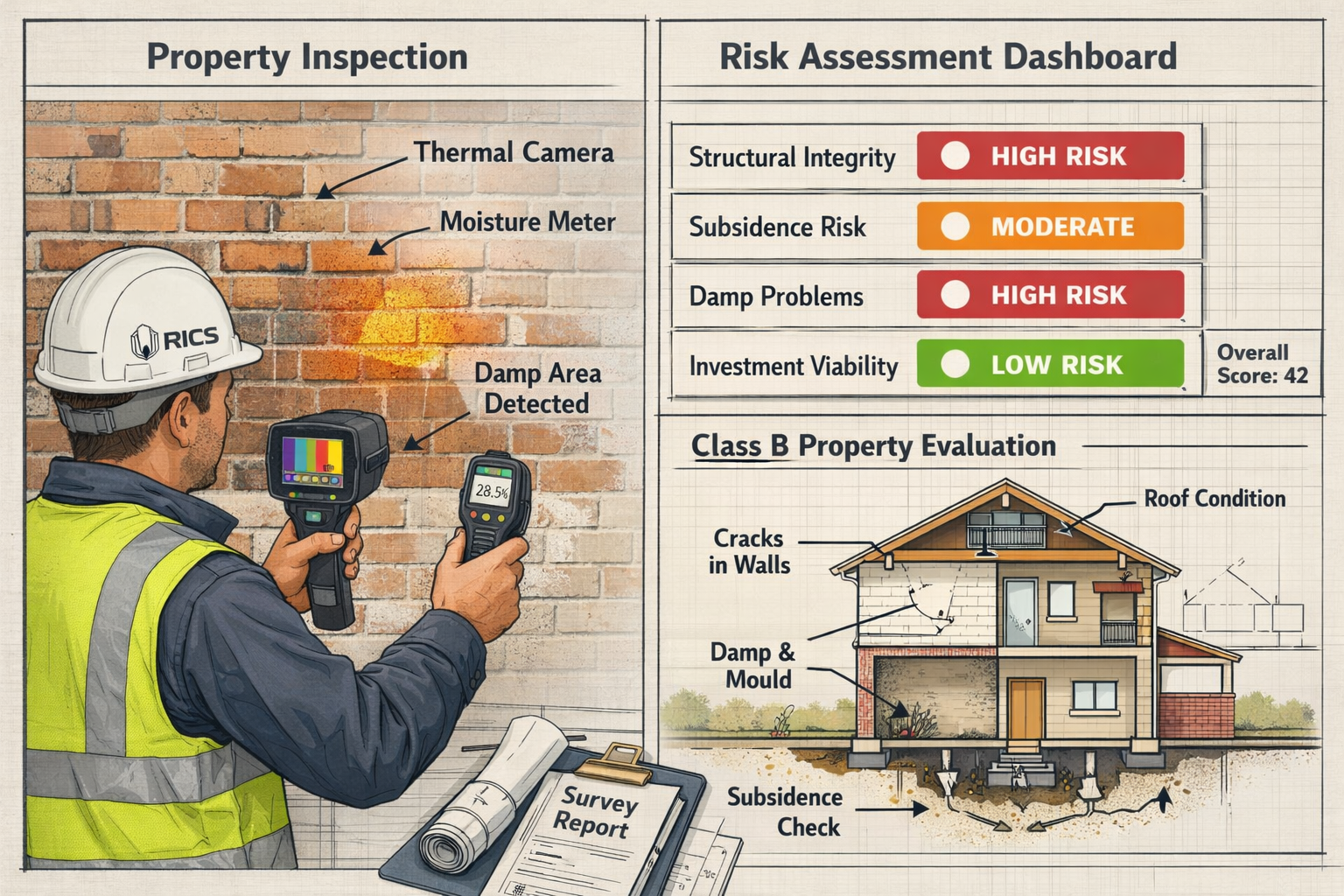Comprehensive () illustration of building survey protocols and risk assessment framework: split-screen composition showing