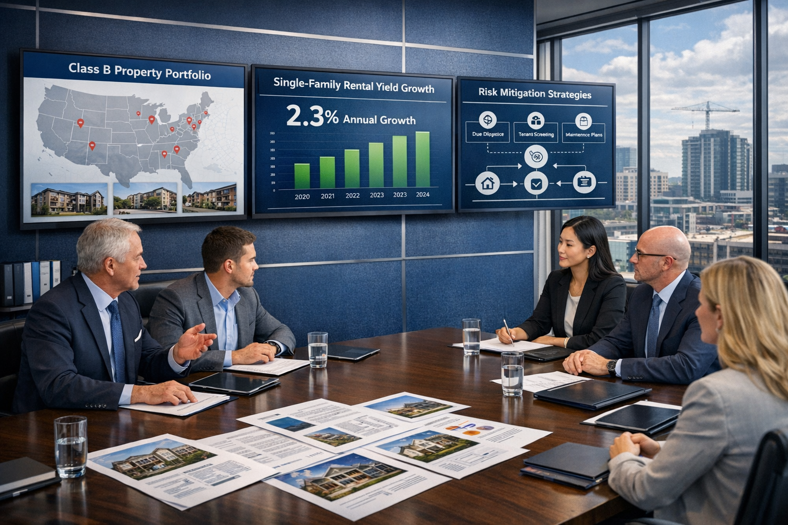 Detailed () image depicting institutional landlord investment strategies: professional boardroom scene with diverse