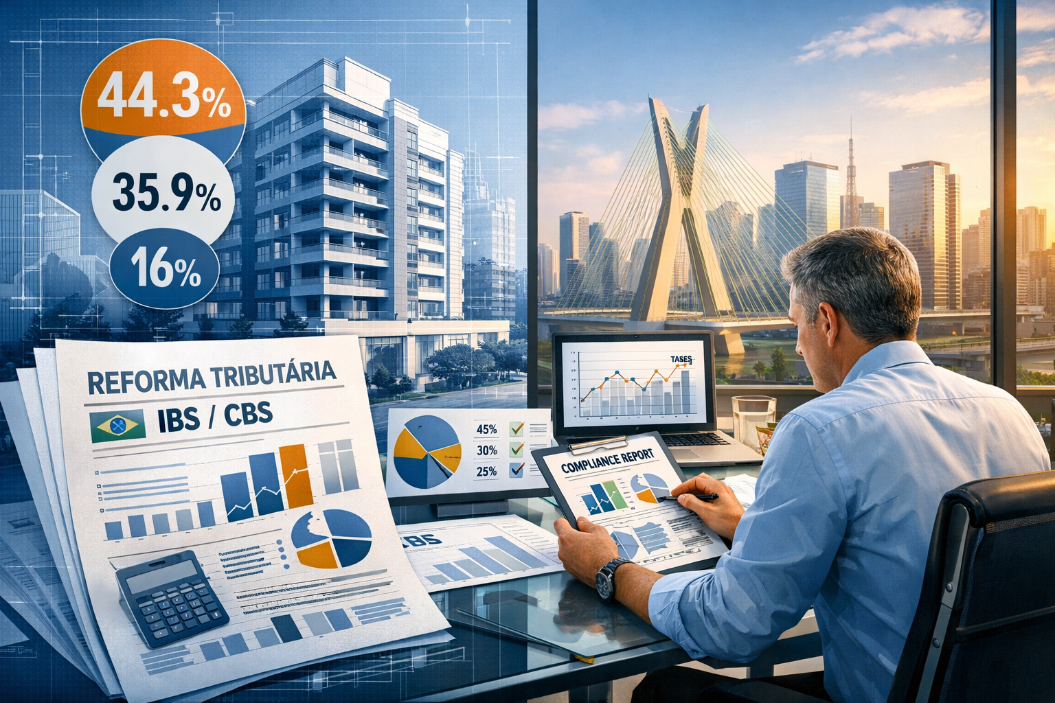 Wide-angle editorial illustration () showing a split-scene comparison: left side depicts a Brazilian tax document with