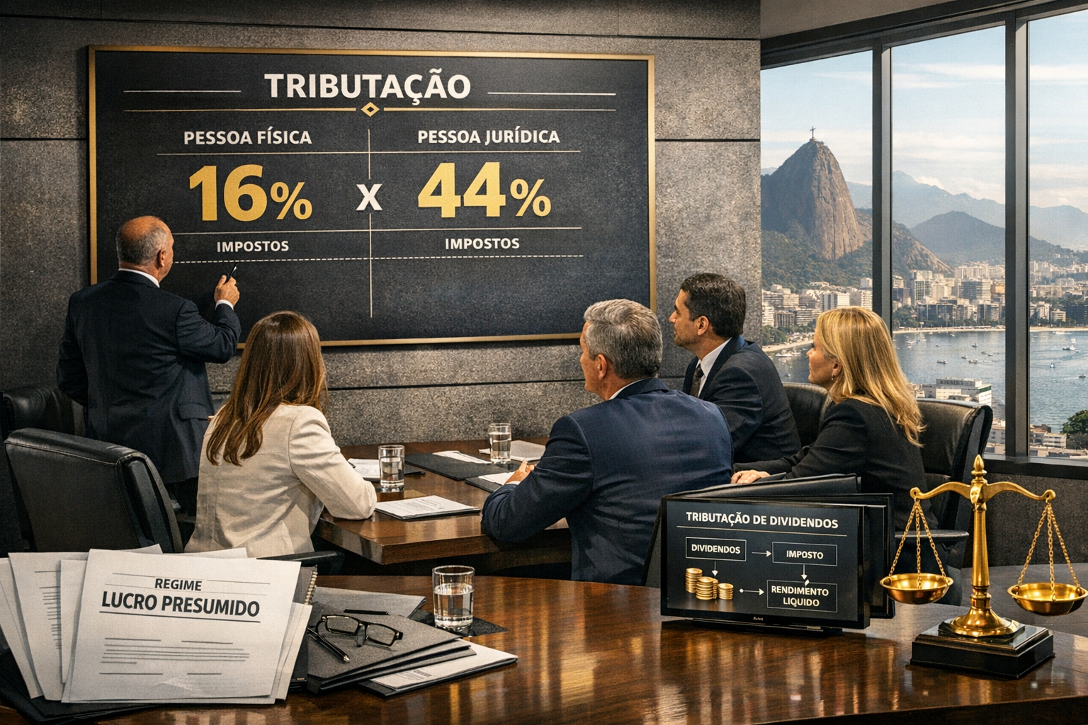 Detailed () showing a Brazilian real estate holding company boardroom scene with executives examining a large wall-mounted