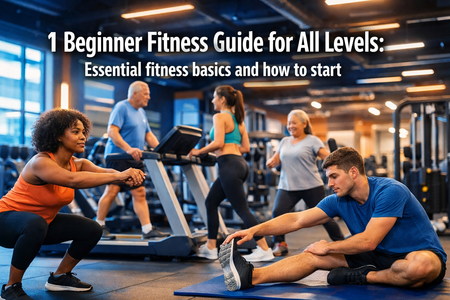 Professional landscape format (1536x1024) hero image featuring bold text overlay '1 Beginner Fitness Guide for All Levels: Essential fitness
