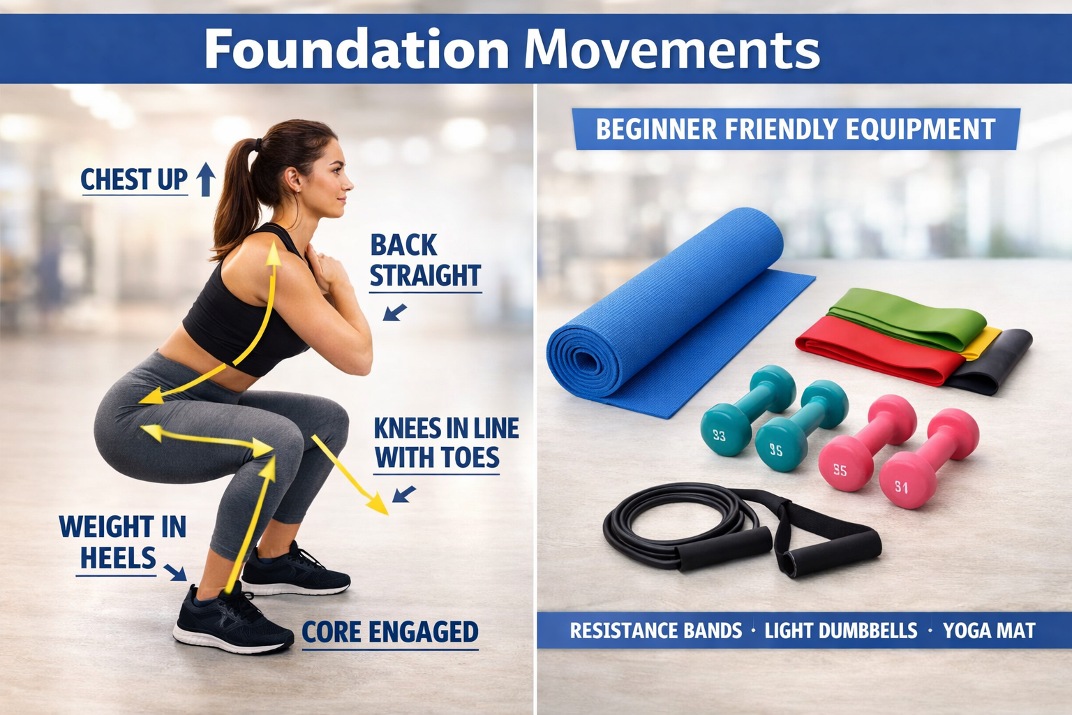 Landscape format (1536x1024) image showing foundational fitness movement patterns with split-screen layout. Left side displays proper squat 