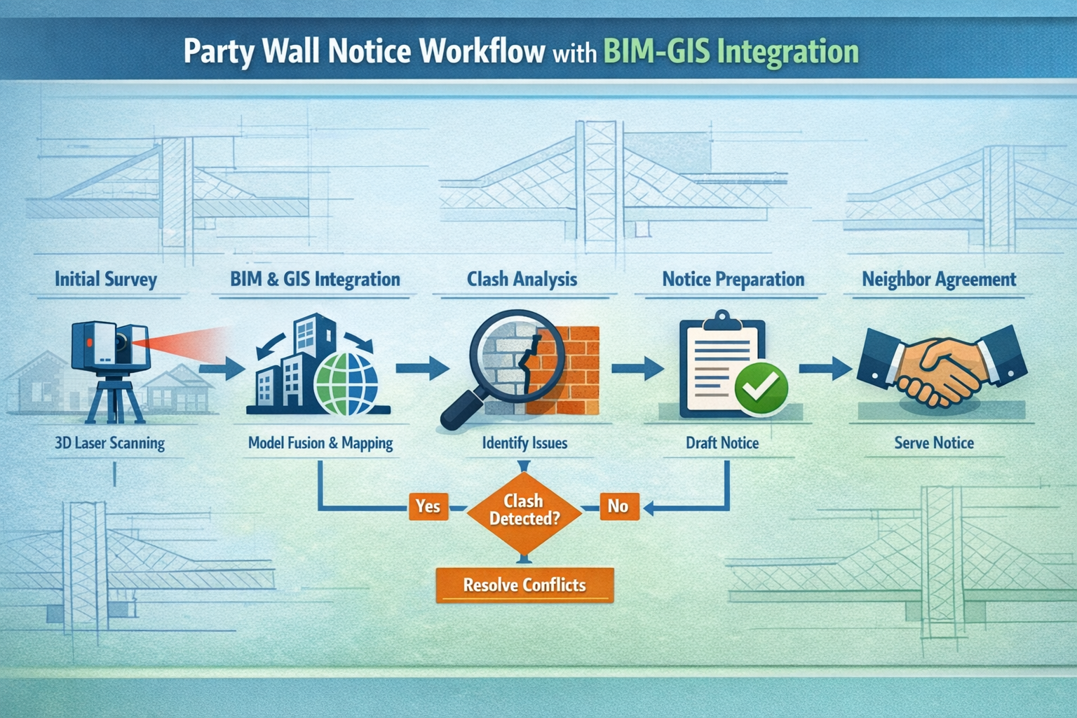 Detailed () infographic-style image illustrating party wall notice preparation workflow with BIM-geospatial integration.