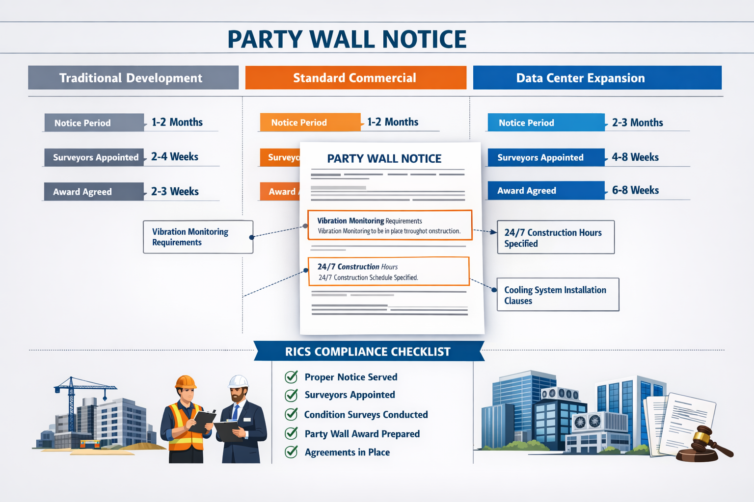 () detailed infographic showing party wall notice workflow specifically for data center projects. Visual displays