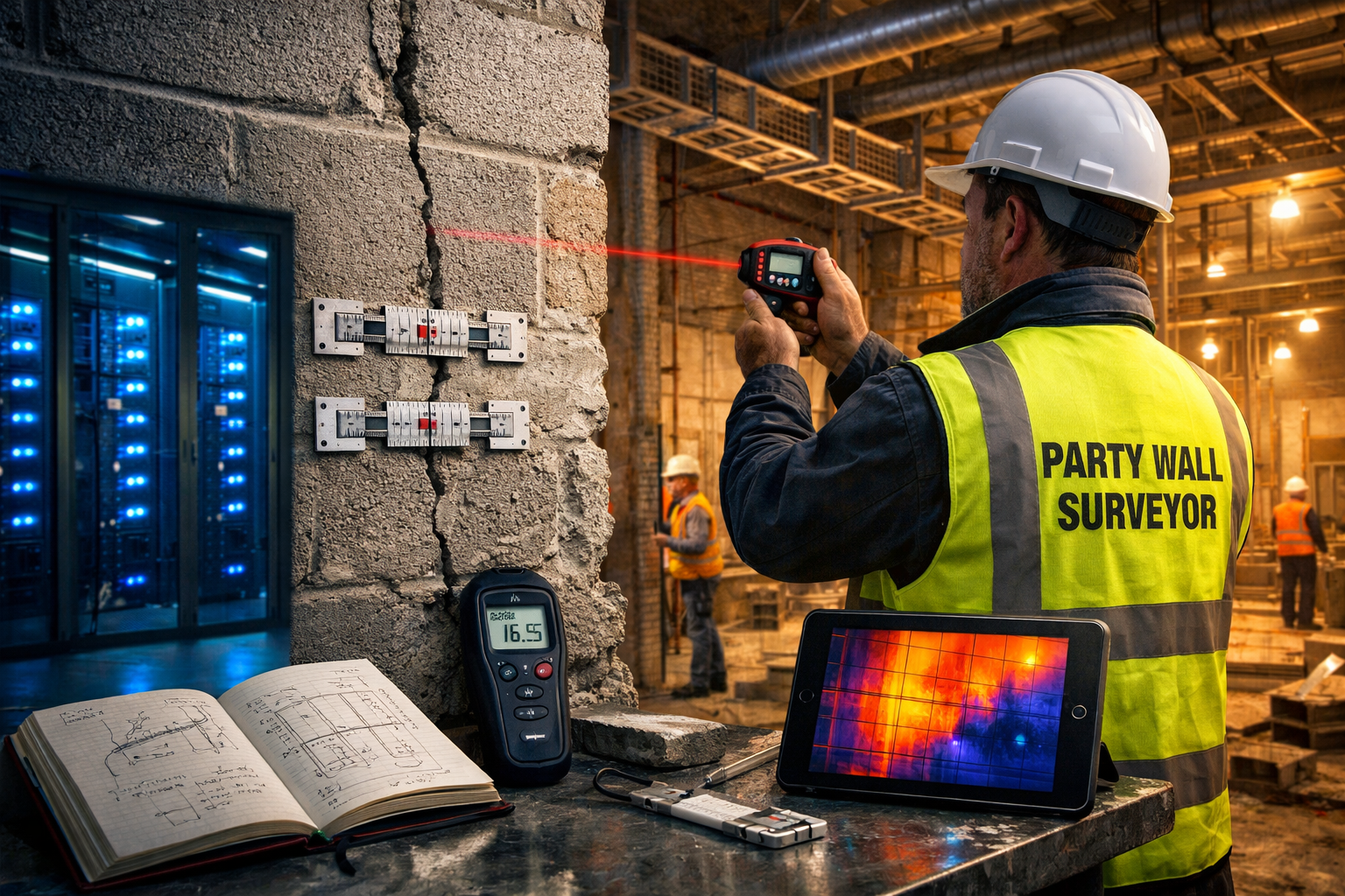 () photorealistic scene inside active data center construction site showing party wall surveyor conducting detailed