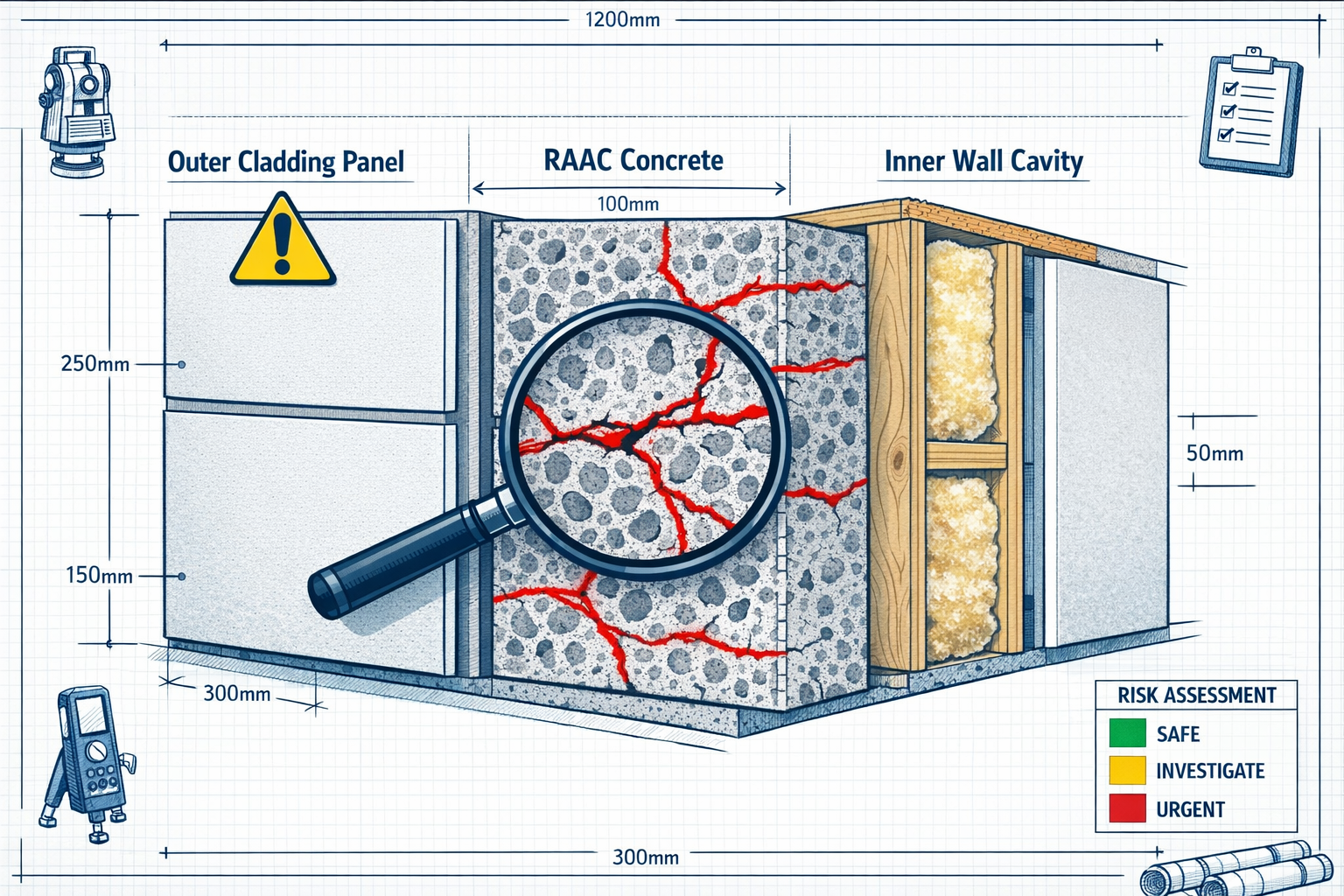 () detailed cutaway architectural illustration showing cross-section of apartment building wall with three distinct layers