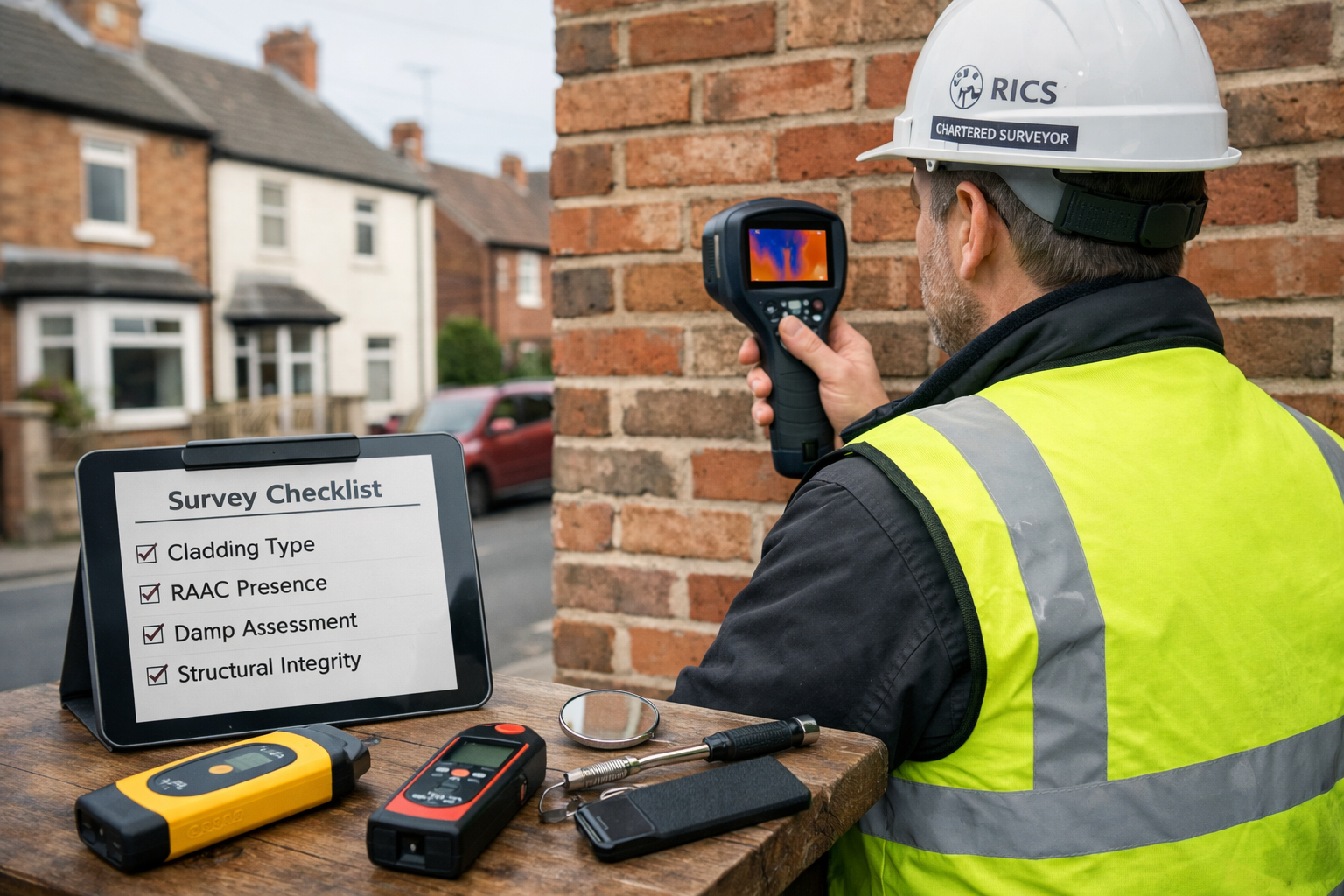 () professional photograph of RICS chartered surveyor in high-visibility vest conducting building inspection, using thermal