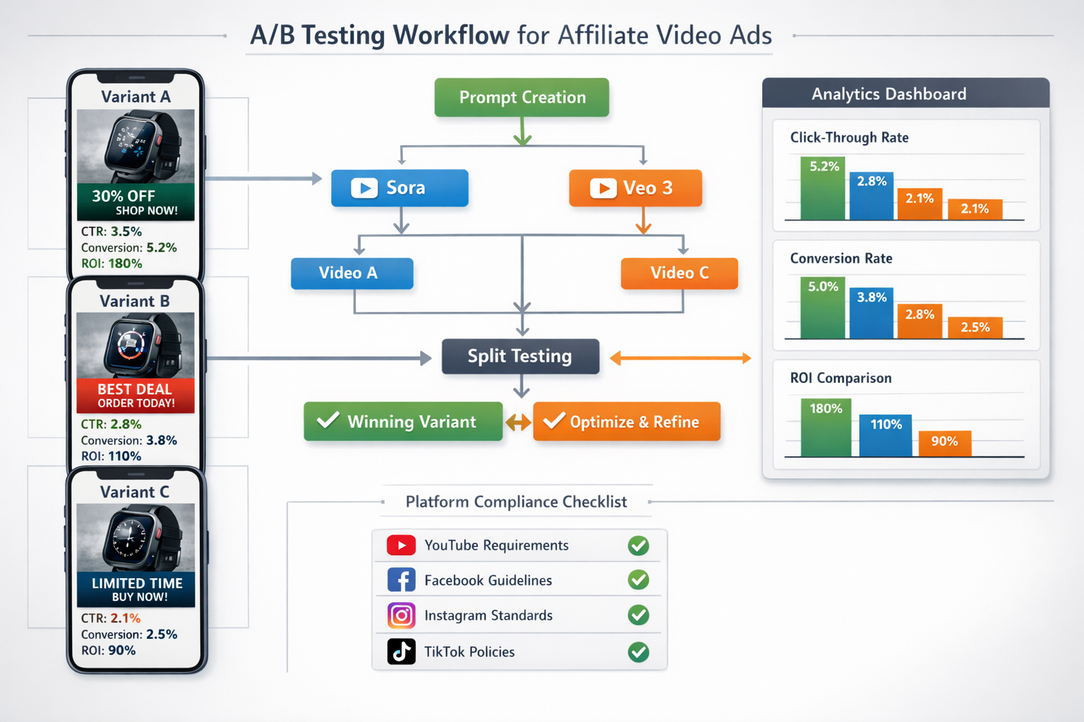 Comprehensive landscape format (1536x1024) infographic-style image displaying A/B testing workflow for affiliate video ads. Central flowchar