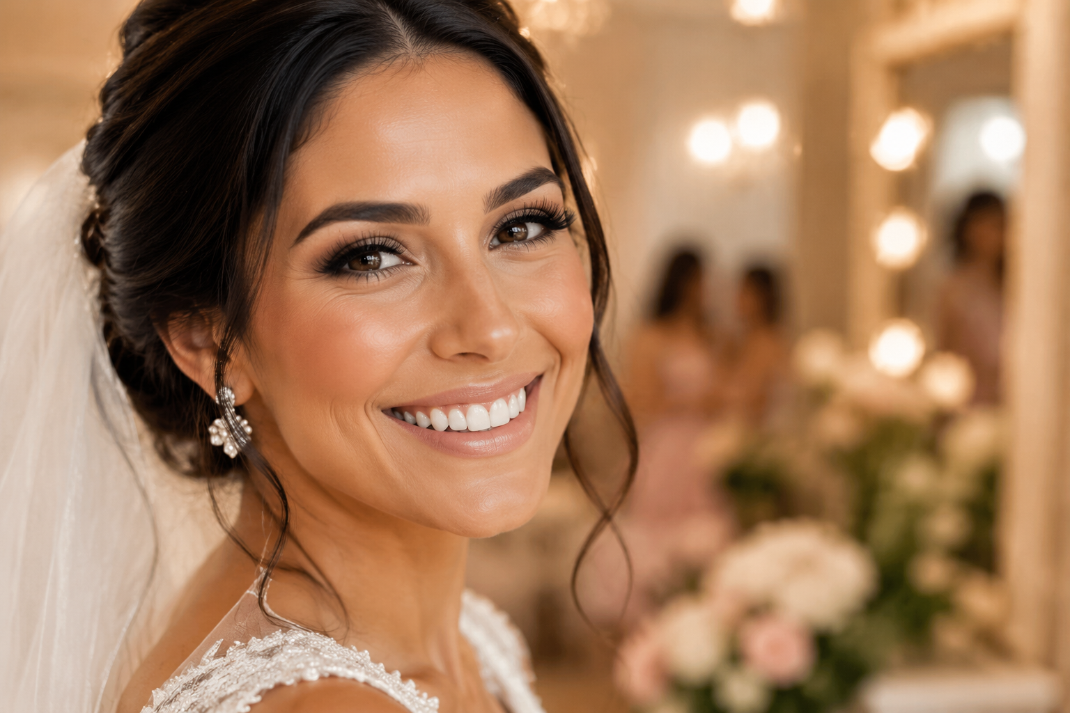 Detailed () image featuring a close-up of a bride's ecstatic face, her eyes sparkling, showcasing impeccably applied,