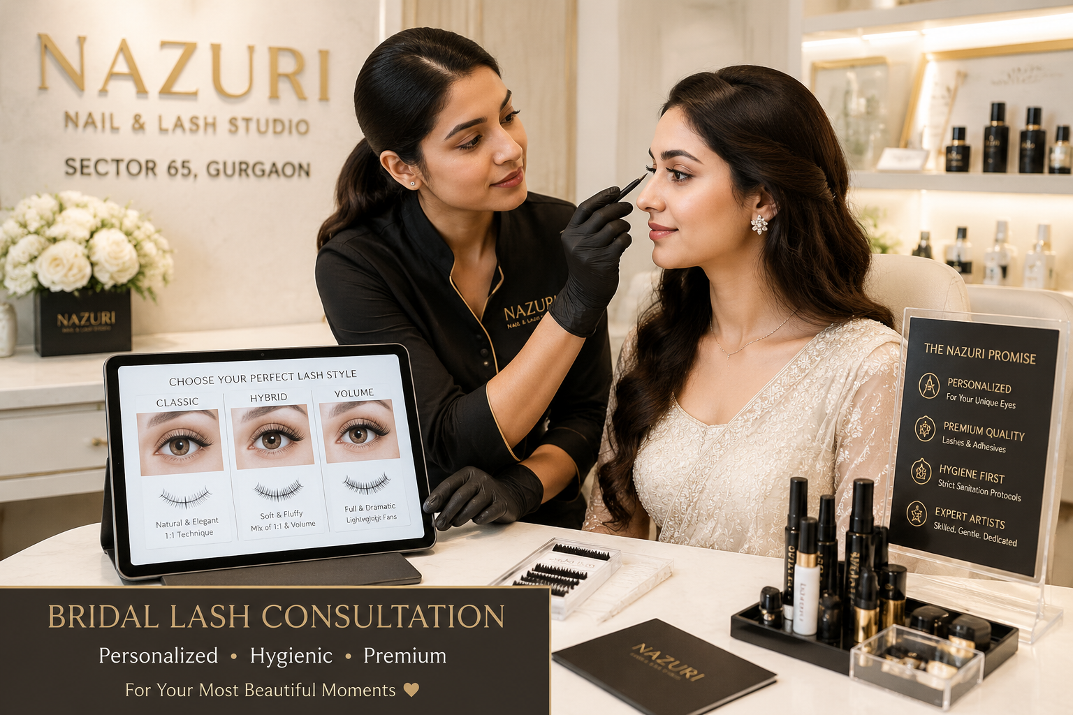 Detailed () image illustrating the Nazuri bridal lash consultation process. A professional lash artist, dressed in a neat