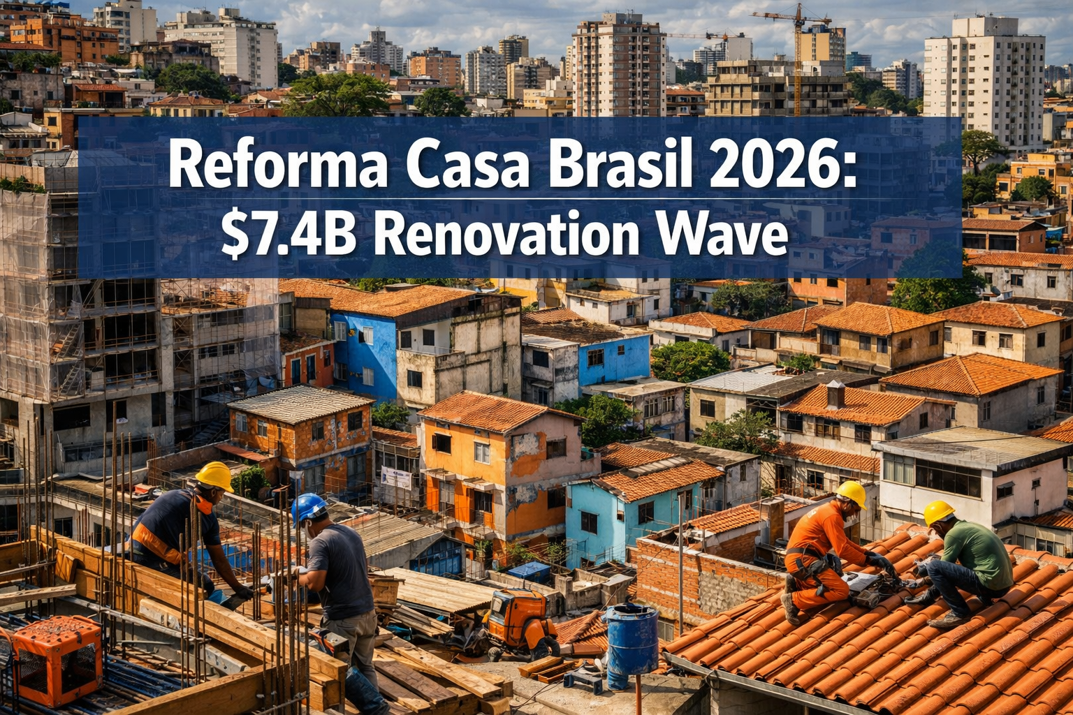 Professional () hero image featuring 'Reforma Casa Brasil 2026: $7.4B Renovation Wave' in extra large white with dark and