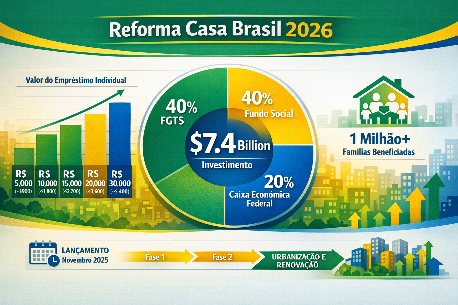 () detailed infographic showing Reforma Casa Brasil 2026 funding breakdown with large circular pie chart displaying $7.4