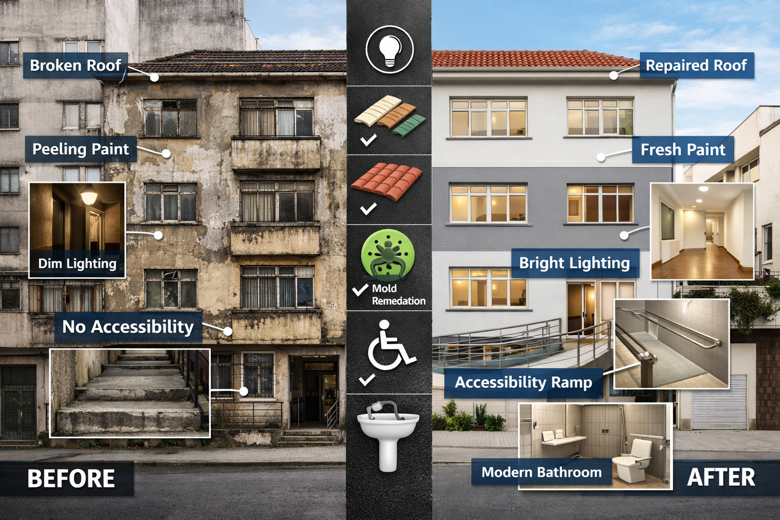 () split-screen composition showing before-and-after urban infill development transformation in Brazilian city center. Left