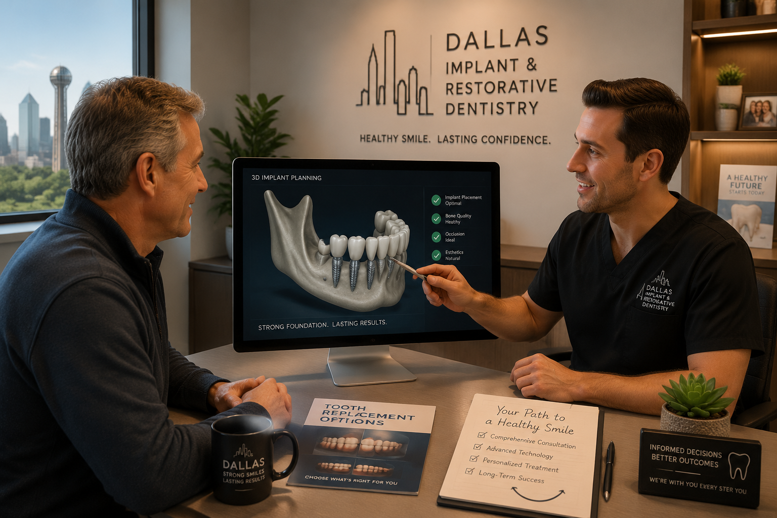 An engaging concept illustration in () depicting a patient and a dentist in a consultation setting in Dallas, looking at a