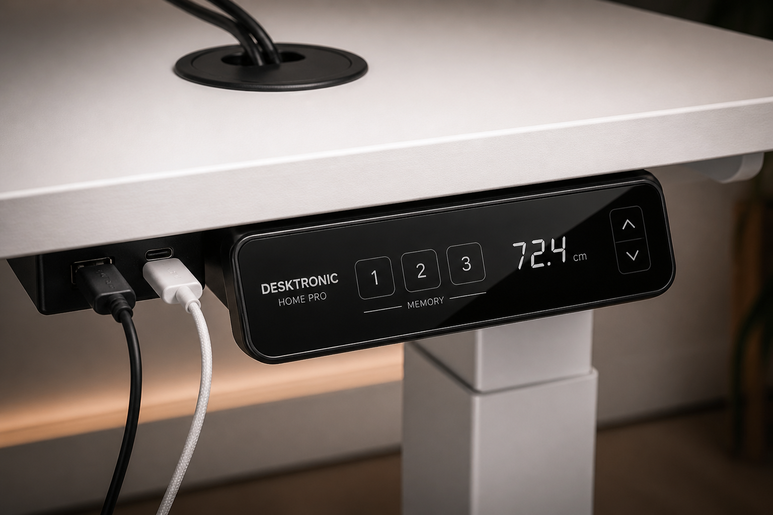 Digital illustration, graphic design style, Detailed landscape format (1536x1024) close-up product photography showing the Desktronic Home Pro touchscreen controller panel mounted on a white desk frame, displaying three memory preset buttons and current height reading. Surrounding the controller: USB-A and USB-C charging ports with cables plugged in, cable grommet routing wires neatly through the desk surface, dual motor column visible in background. Warm studio lighting, shallow depth of field, crisp product detail, premium European manufacturing quality aesthetic, charcoal and white color palette. 