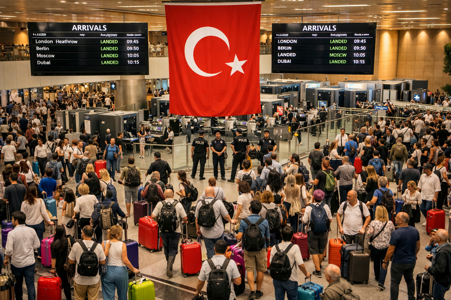 () editorial photograph of Istanbul airport arrivals hall bustling with diverse international travelers pulling colorful