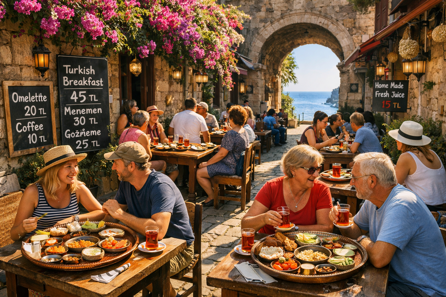 () vibrant street-level photograph of Antalya old town Kalei&ccedil;i district showing budget-friendly outdoor caf&eacute; scene with