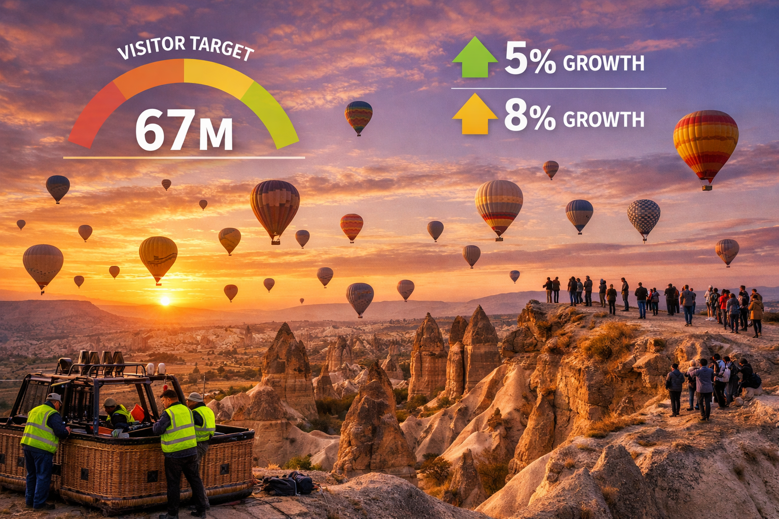 () dramatic aerial drone photograph of Cappadocia fairy chimneys at sunrise with dozens of colorful hot air balloons