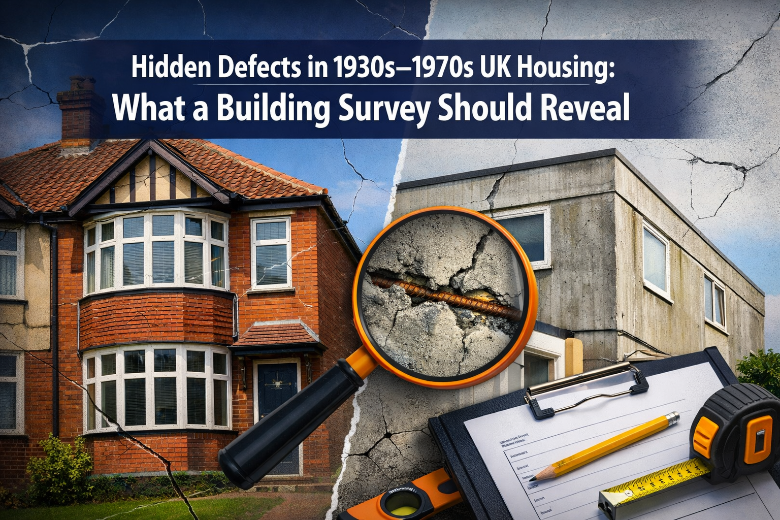 Professional () editorial hero image featuring 'Hidden Defects in 1930s–1970s UK Housing: What a Building Survey Should