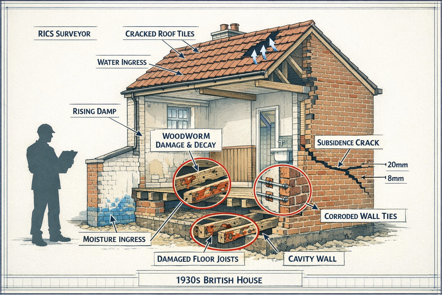 Detailed () technical illustration showing cross-section cutaway view of 1930s British house revealing multiple hidden