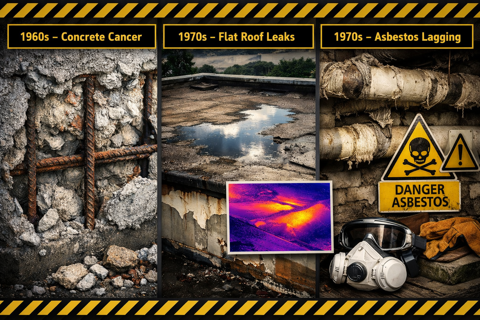Detailed () composite image showing three distinct 1960s-1970s UK housing construction problems: left panel displays