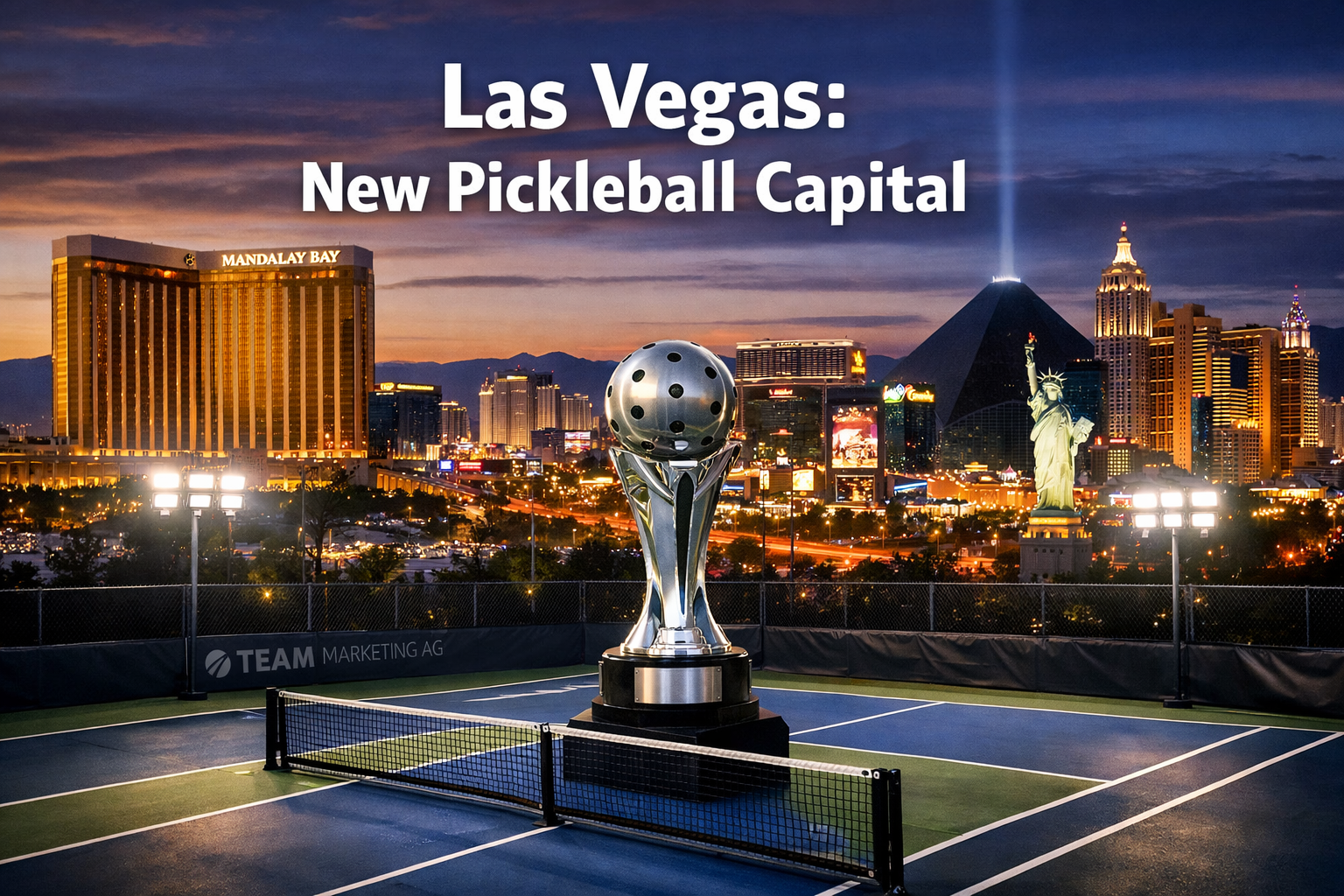 Landscape format (1536x1024) editorial image showing Las Vegas Strip skyline with Mandalay Bay and iconic casinos, pickleball court integrat