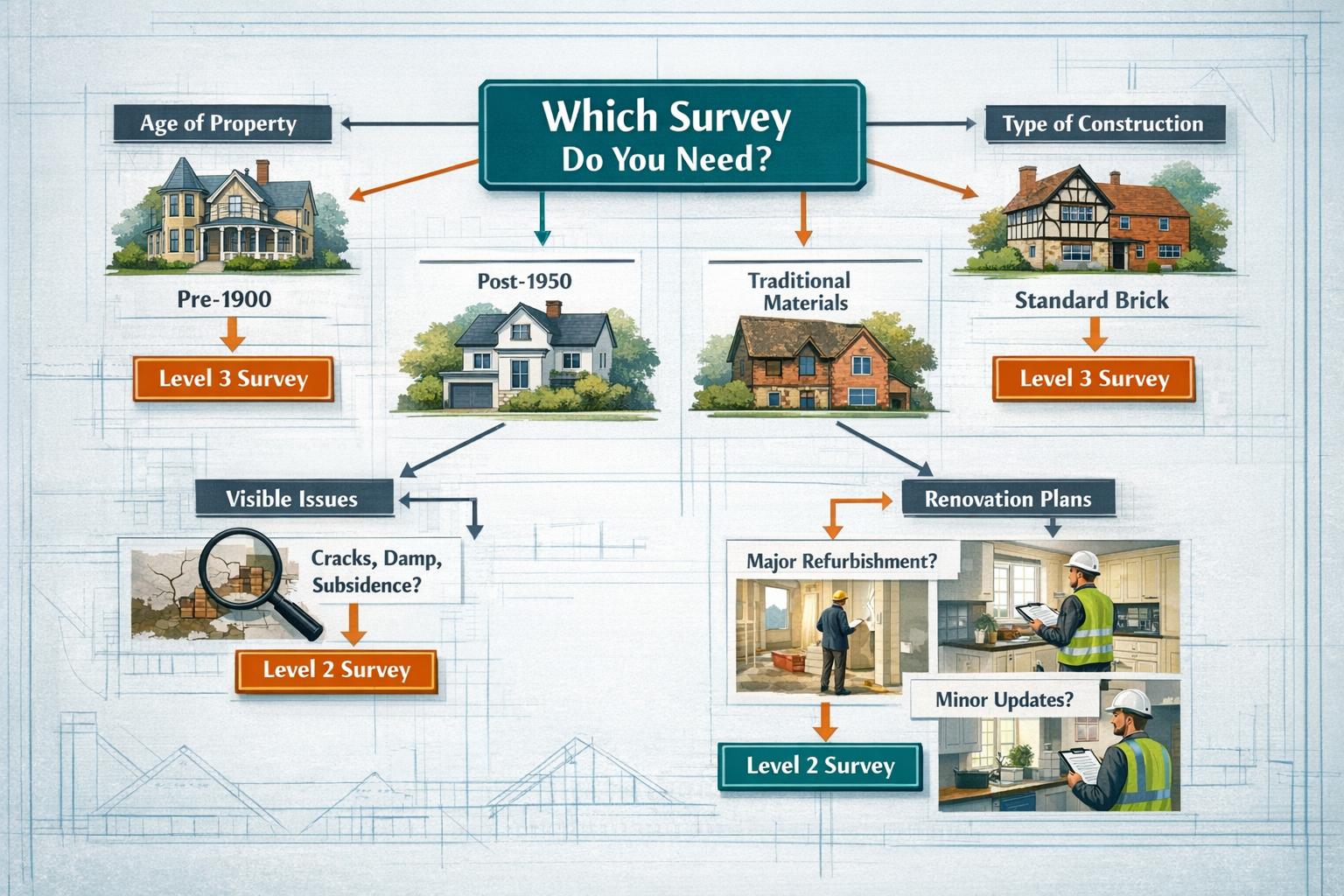 () detailed decision tree flowchart illustration for choosing between Level 2 and Level 3 surveys. Central question node