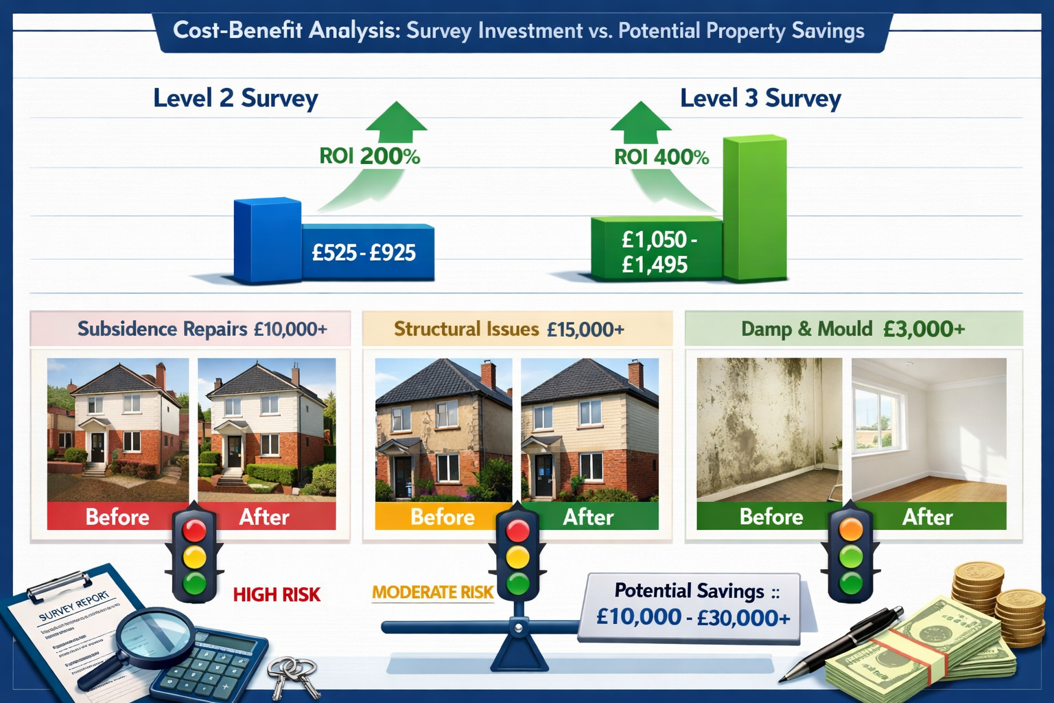 () cost-benefit analysis visualization comparing Level 2 and Level 3 survey investments against potential property issues