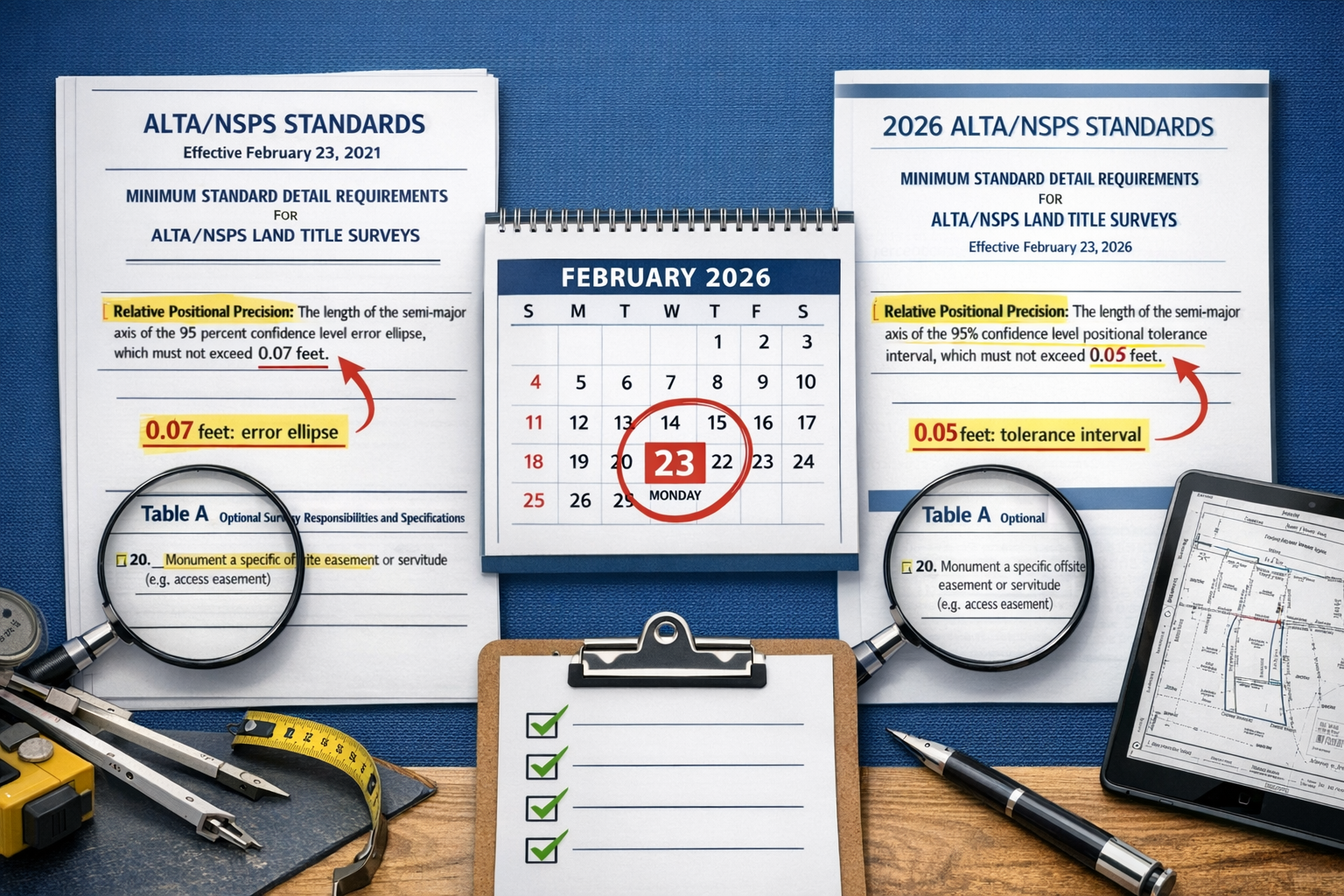 Detailed landscape format (1536x1024) image showing side-by-side comparison of 2021 and 2026 ALTA/NSPS survey standards documents with highl