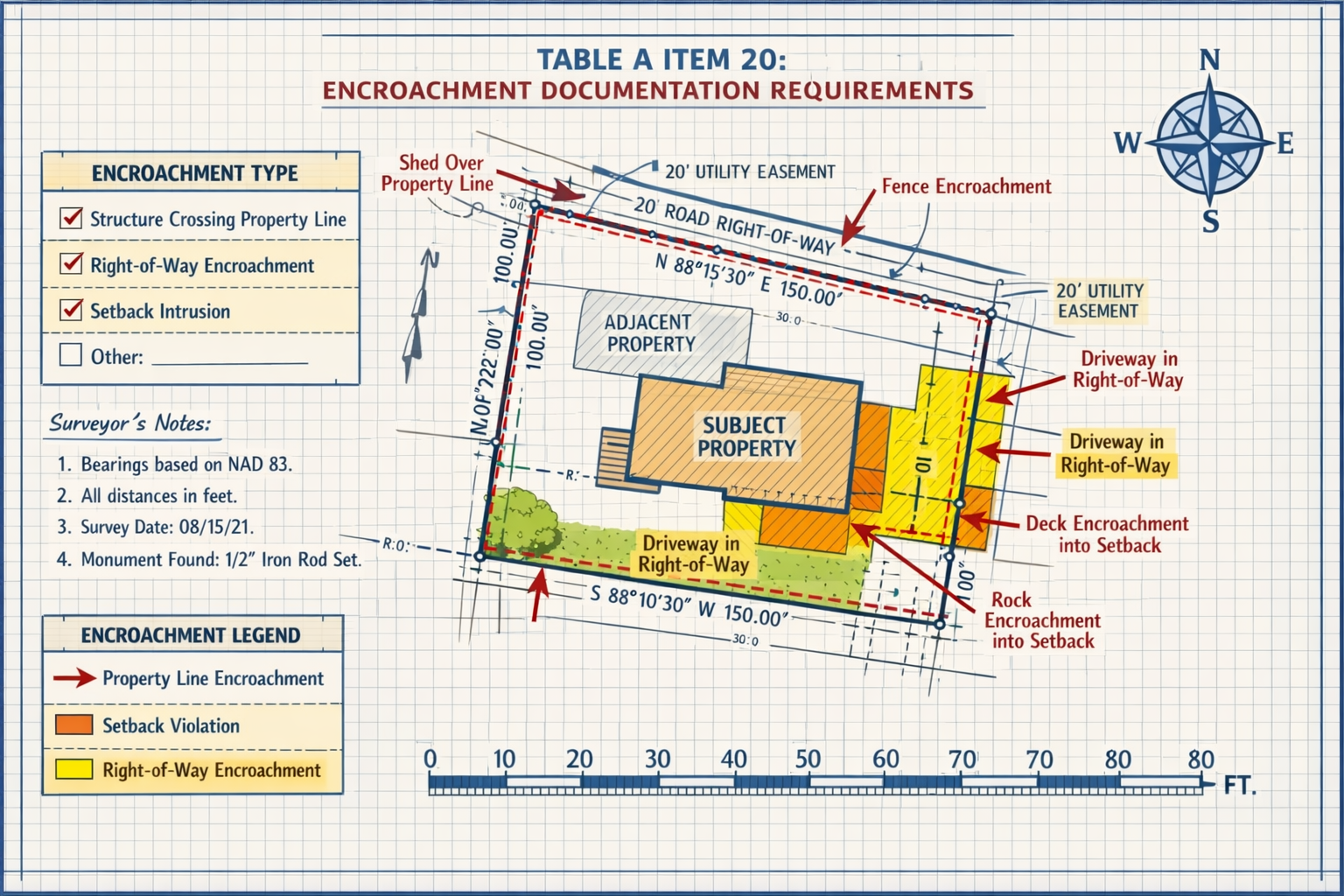 Detailed landscape format (1536x1024) infographic-style image displaying Table A Item 20 encroachment documentation requirements. Center sho