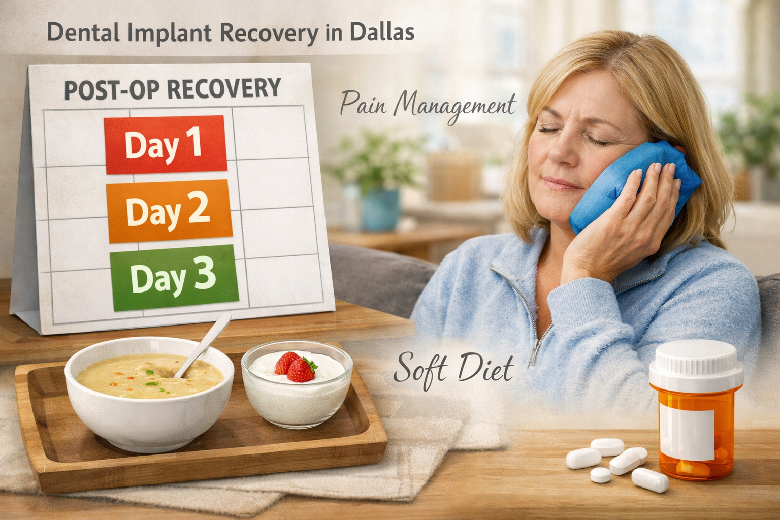 () image focusing on the immediate post-operative period for dental implant recovery in Dallas. Visual features include a