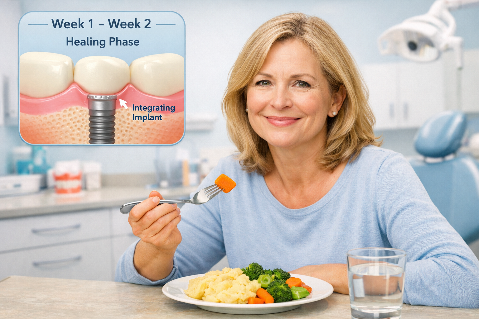 () image illustrating the intermediate recovery phase (Week 1 to Week 2) for dental implant patients in Dallas. The scene