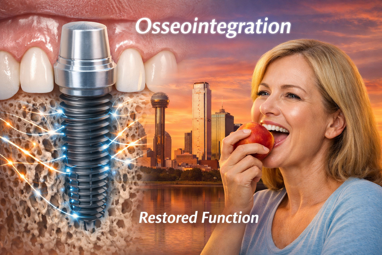() image representing the long-term healing and osseointegration process (Weeks 3-6 and beyond) for dental implants. The